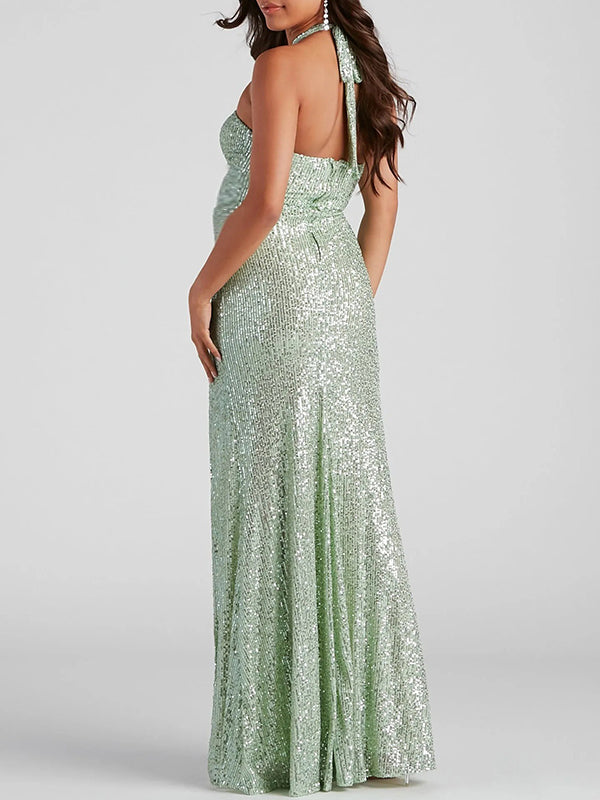 Momnfancy Sequin Halter Neck Side Slit Lace-up Bodycon Evening Gown Party Cocktail Maternity Maxi Dress