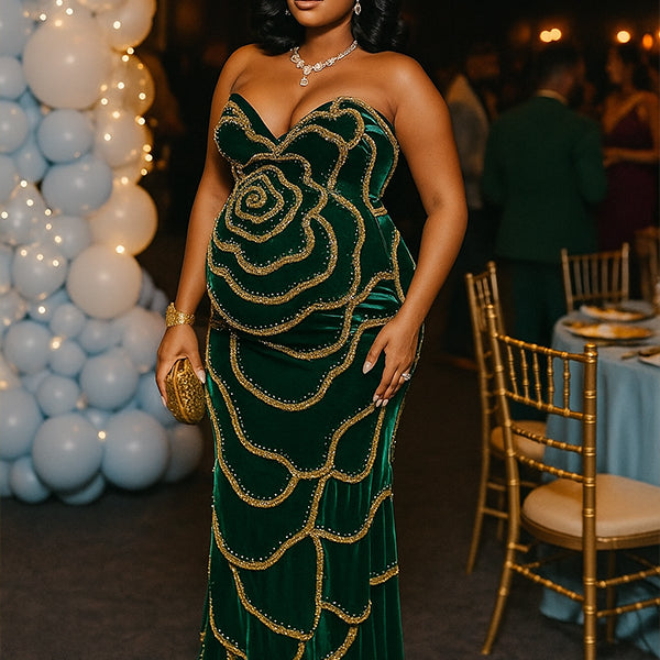Momnfancy Sequin Bandeau Backless V-Neck Mermaid Bodycon Evening Gown Party Cocktail Maternity Maxi Dress