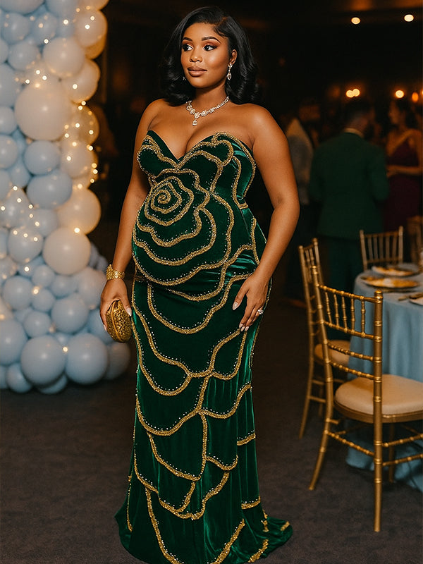 Momnfancy Sequin Bandeau Backless V-Neck Mermaid Bodycon Evening Gown Party Cocktail Maternity Maxi Dress