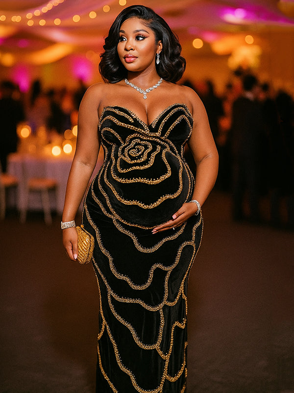 Momnfancy Sequin Bandeau Backless V-Neck Mermaid Bodycon Evening Gown Party Cocktail Maternity Maxi Dress