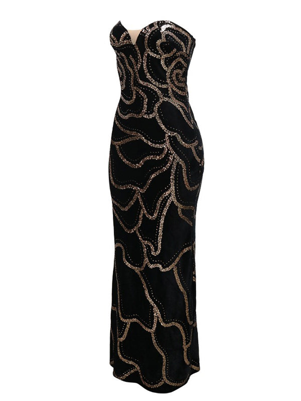 Momnfancy Sequin Bandeau Backless V-Neck Mermaid Bodycon Evening Gown Party Cocktail Maternity Maxi Dress