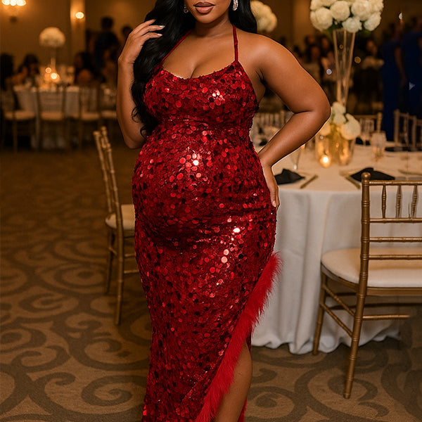 Momnfancy Sequin Feather Splicing Halter Neck Irregular Bodycon Evening Gown Party Cocktail Maternity Maxi Dress