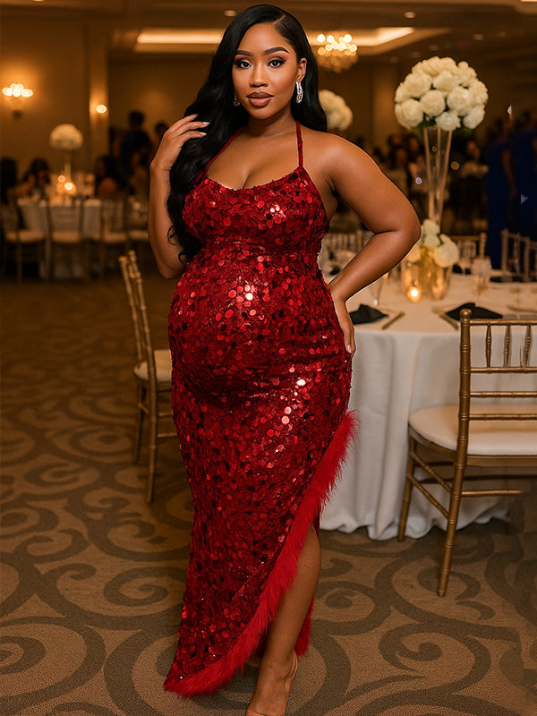 Momnfancy Sequin Feather Splicing Halter Neck Irregular Bodycon Evening Gown Party Cocktail Maternity Maxi Dress