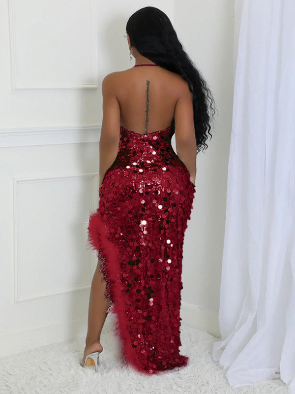 Momnfancy Sequin Feather Splicing Halter Neck Irregular Bodycon Evening Gown Party Cocktail Maternity Maxi Dress