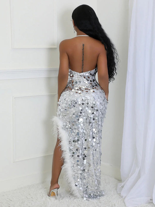 Momnfancy Sequin Feather Splicing Halter Neck Irregular Bodycon Evening Gown Party Cocktail Maternity Maxi Dress