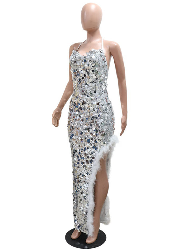 Momnfancy Sequin Feather Splicing Halter Neck Irregular Bodycon Evening Gown Party Cocktail Maternity Maxi Dress