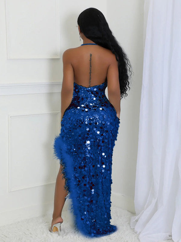 Momnfancy Sequin Feather Splicing Halter Neck Irregular Bodycon Evening Gown Party Cocktail Maternity Maxi Dress