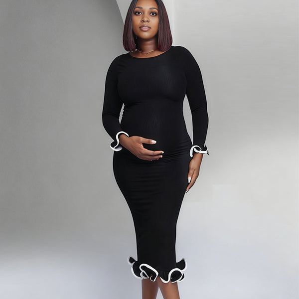 Momnfancy Open Back Falbala Hit Color Bodycon Knitted Maternity Maxi Dress