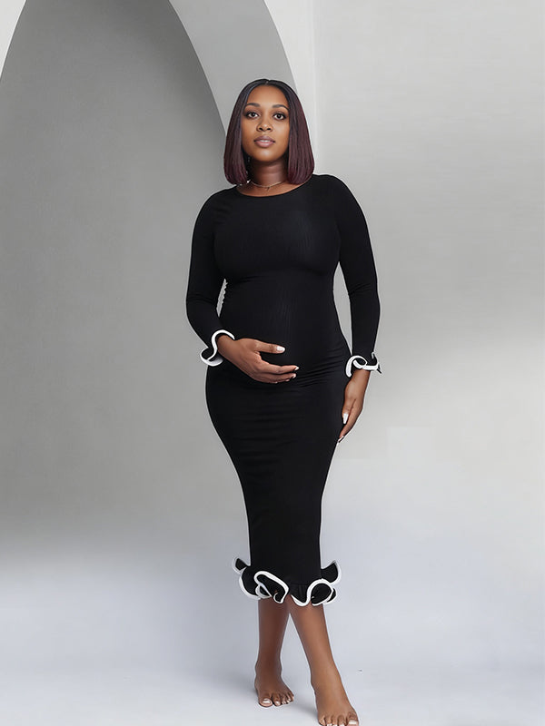 Momnfancy Open Back Falbala Hit Color Bodycon Knitted Maternity Maxi Dress