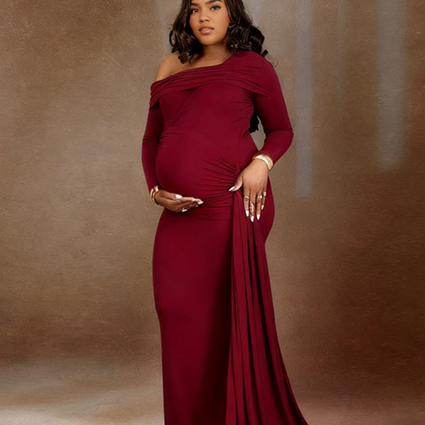 Momnfancy Oblique Shoulder Ruched Bodycon Trailing Photoshoot Maternity Maxi Dress