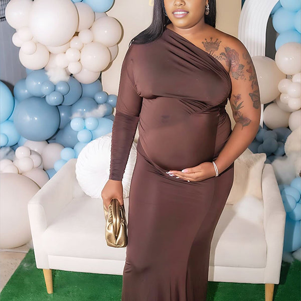 Momnfancy One-Shoulder Ruched Irregular Bodycon Party Mermaid Baby Shower Maternity Maxi Dress