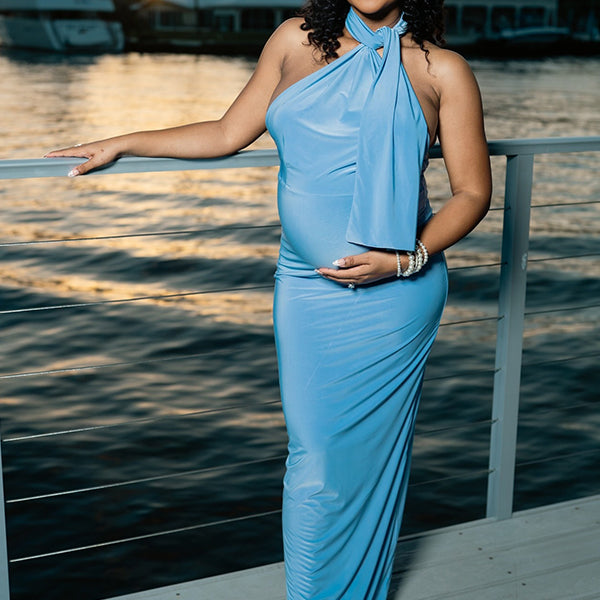 Momnfancy Blue Halter Neck Irregular Backless Ruched Bodycon Evening Mermaid Gown Maternity Maxi Dress