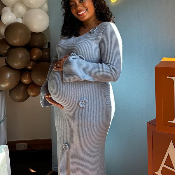 Momnfancy Waist-cinching 3D-flowers Bodycon Mermaid Baby Shower Maternity Maxi Dress