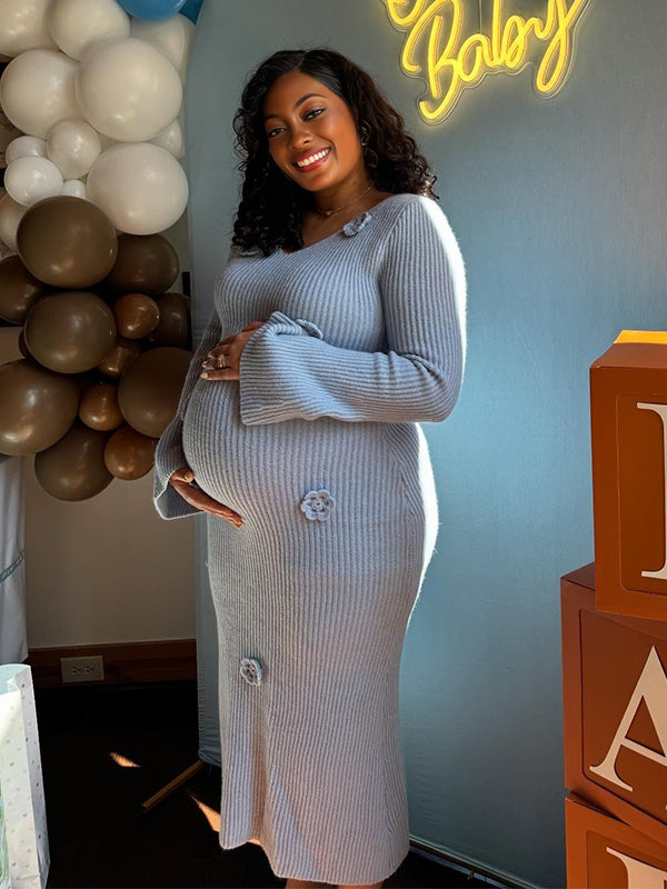 Momnfancy Waist-cinching 3D-flowers Bodycon Mermaid Baby Shower Maternity Maxi Dress