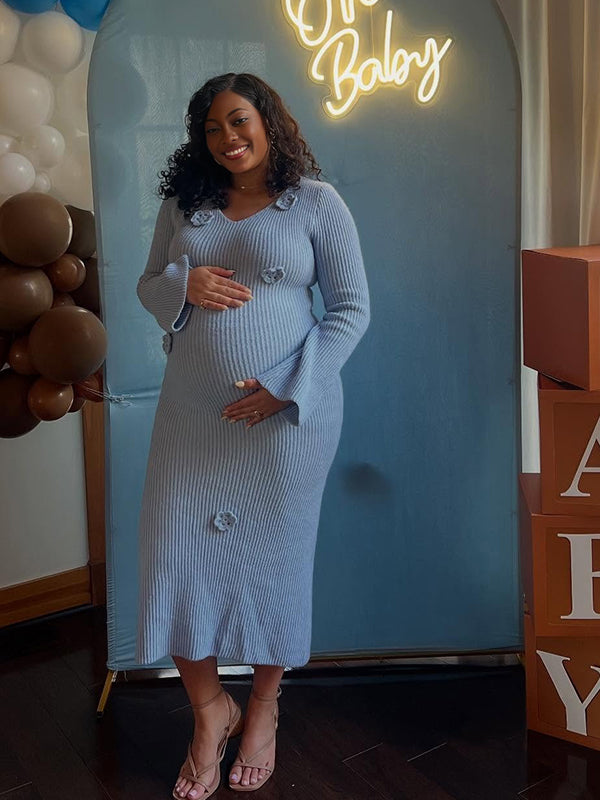 Momnfancy Waist-cinching 3D-flowers Bodycon Mermaid Baby Shower Maternity Maxi Dress