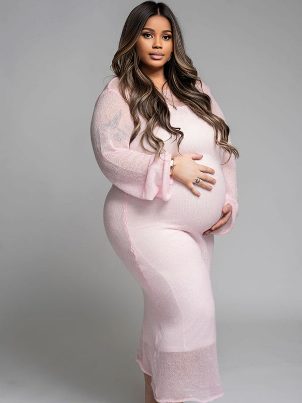 Momnfancy Knitted Beach Smock + Vest dressSheer Photoshoot Maternity Maxi Dress