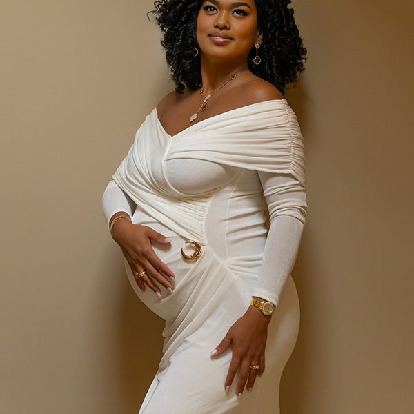 Momnfancy Waist-cinching Bodycon Ruched Photoshoot Maternity Maxi Dress