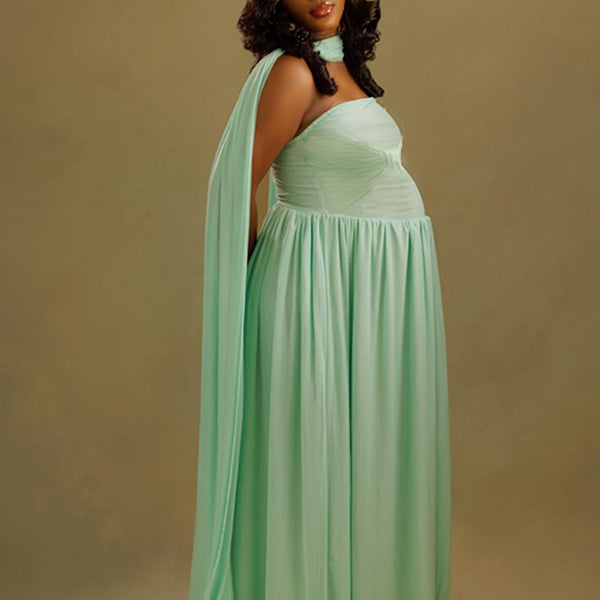 Momnfancy Sage Green Bandeau Ruched Bowknot High Waist Backless Flowy Party Cocktail Evening Gown Maternity Maxi Dress