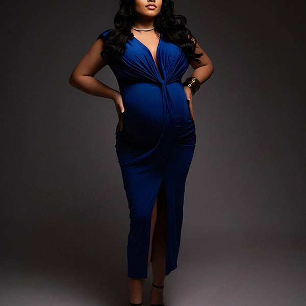 Momnfancy Blue Ruched V-Neck Satin Irregular Bodycon Split Draped Party Cocktail Photoshoot Maternity Maxi Dress