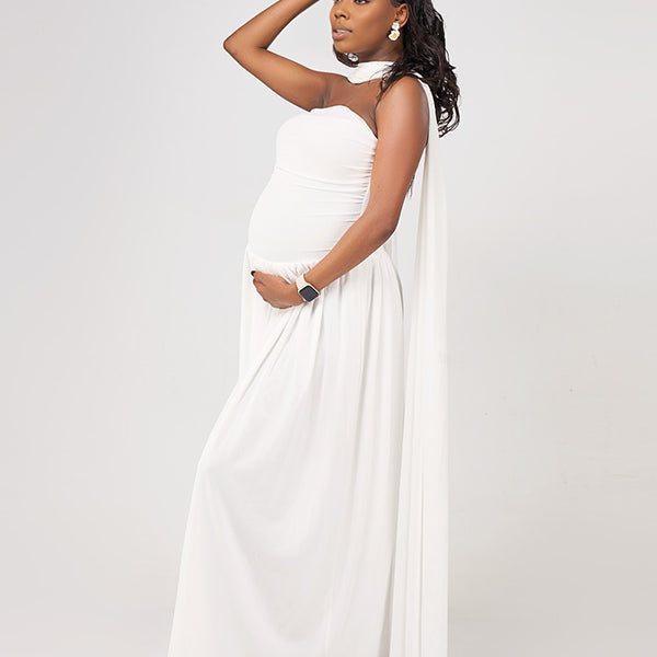 Momnfancy White Ruched Bandeau Wrap Backless Cocktail Tie Back Evening Gown Photoshoot Maternity Maxi Dress