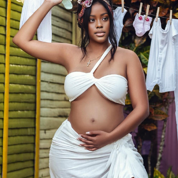 Momnfancy White One Shoulder Ruched Side Slit 2-in-1 Backless Photoshoot Maternity Maxi Dress