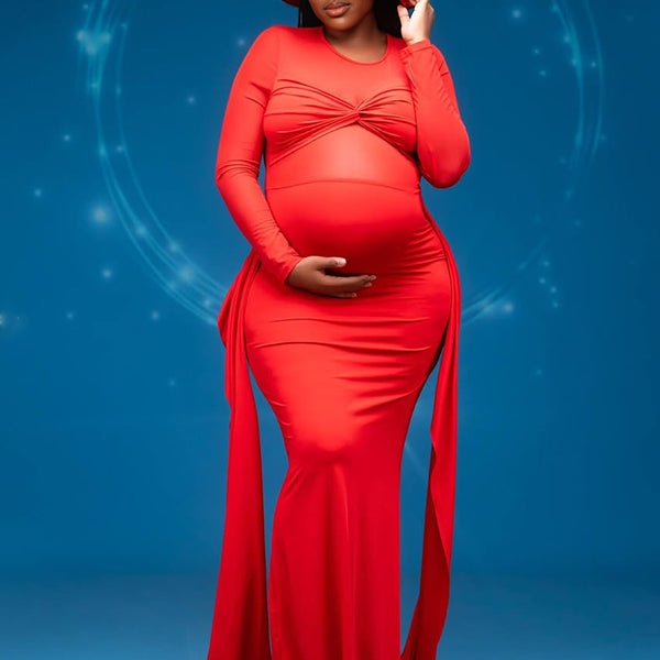 Momnfancy Red Mesh Cross Front Draped Lace-up Ruched Long Sleeve Bodycon Mermaid Photoshoot Maternity Maxi Dress