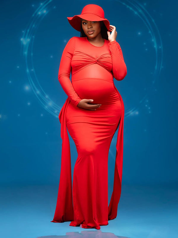 Momnfancy Red Mesh Cross Front Draped Lace-up Ruched Long Sleeve Bodycon Mermaid Photoshoot Maternity Maxi Dress