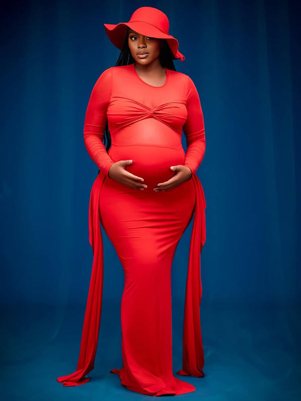 Momnfancy Red Mesh Cross Front Draped Lace-up Ruched Long Sleeve Bodycon Mermaid Photoshoot Maternity Maxi Dress