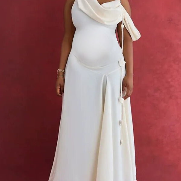 Momnfancy Irregular 3D Flower Ruched Cap Sleeve Cocktail Gown Baby Shower Maternity Maxi Dress