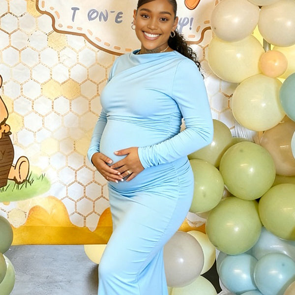 Momnfancy Oblique Shoulder Waist-cinching Evening Gowns Baby Shower Maternity Maxi Dress
