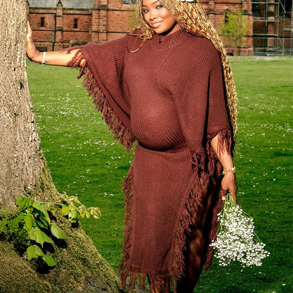 Momnfancy Knitted Tassel Side Slit Waist-cinching Photoshoot Maternity Maxi Dress