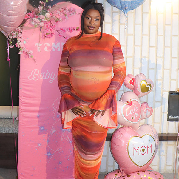 Momnfancy Flare Sleeve Gradient Color Waist-cinching Baby Shower Maternity Maxi Dress