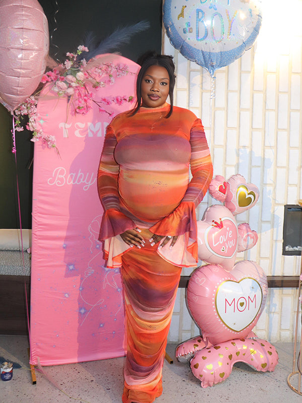 Momnfancy Flare Sleeve Gradient Color Waist-cinching Baby Shower Maternity Maxi Dress