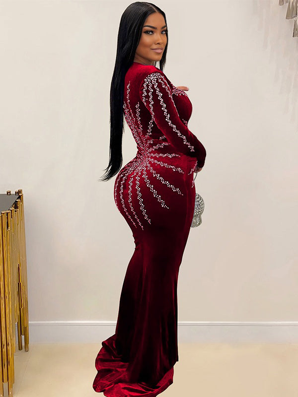 Momnfancy Hotfix Rhinestones Plunging Neckline Bodycon Evening Gowns Maternity Mini Dress