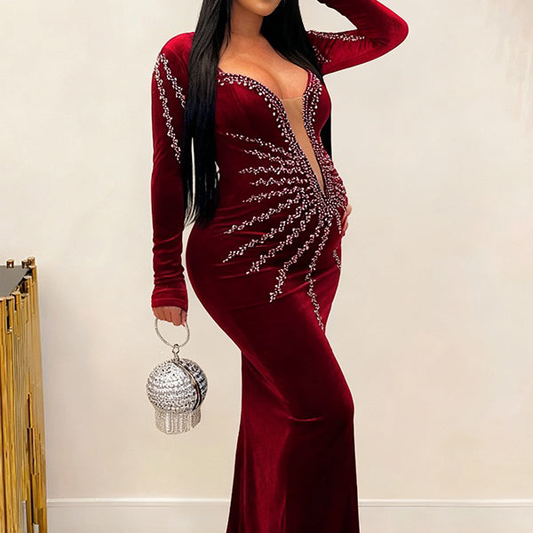 Momnfancy Hotfix Rhinestones Plunging Neckline Bodycon Evening Gowns Maternity Mini Dress