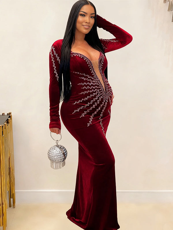 Momnfancy Hotfix Rhinestones Plunging Neckline Bodycon Evening Gowns Maternity Mini Dress