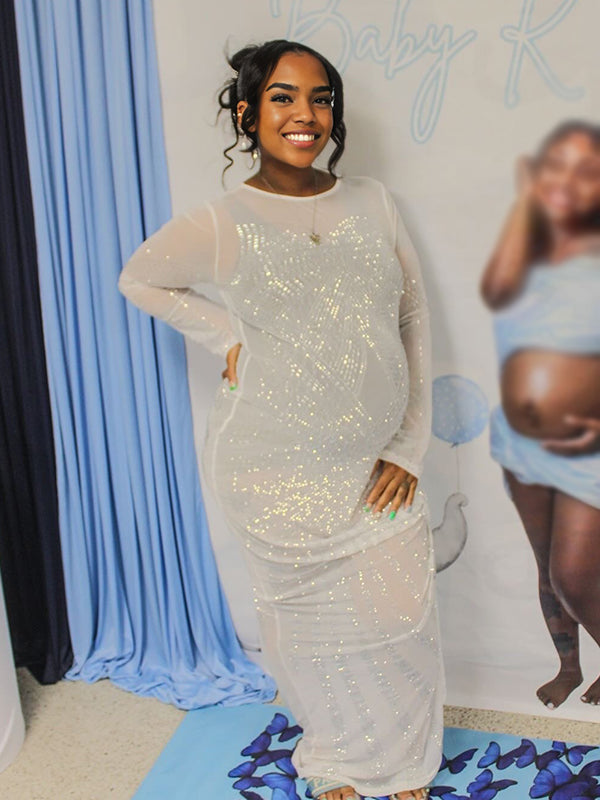 Momnfancy Hotfix Rhinestones Bodycon Trailing Evening Gowns Baby Shower Maternity Maxi Dress
