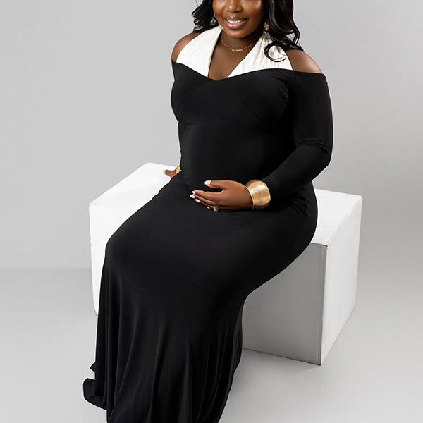 Momnfancy Halter Neck Off Shoulder Hit Color Backless Long Sleeve Mermaid Bodycon Photoshoot Maternity Maxi Dress