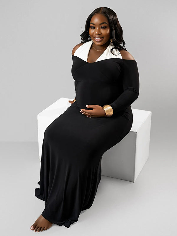 Momnfancy Halter Neck Off Shoulder Hit Color Backless Long Sleeve Mermaid Bodycon Photoshoot Maternity Maxi Dress