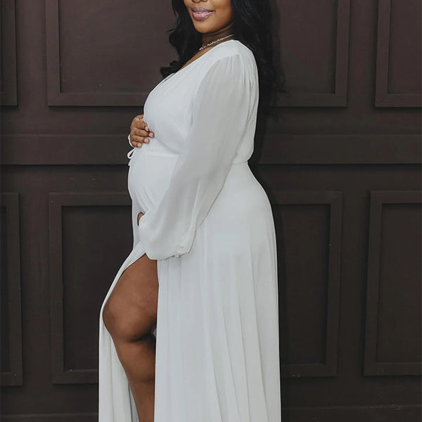 Momnfancy White Chiffon V-Neck Lantern Sleeve Side Slit Weeding Photoshoot Maternity Maxi Dress