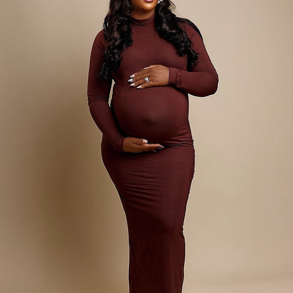 Momnfancy Wine Red Band Neck Long Sleeve Bodycon Basic Plus Size Photoshoot Maternity Maxi Dress