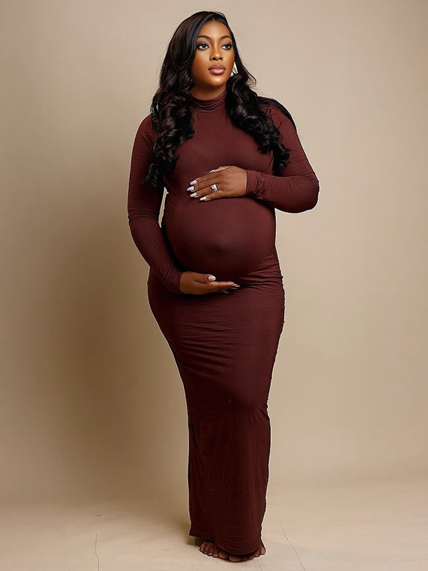 Momnfancy Wine Red Band Neck Long Sleeve Bodycon Basic Plus Size Photoshoot Maternity Maxi Dress