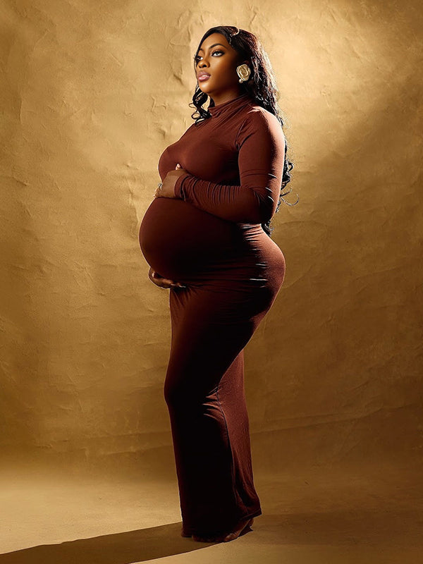 Momnfancy Wine Red Band Neck Long Sleeve Bodycon Basic Plus Size Photoshoot Maternity Maxi Dress