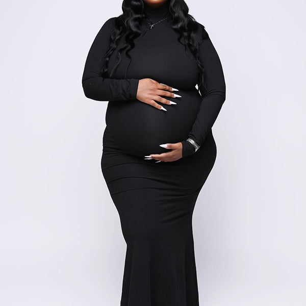 Momnfancy Black Band Neck Long Sleeve Bodycon Basic Mermaid Photoshoot Maternity Maxi Dress
