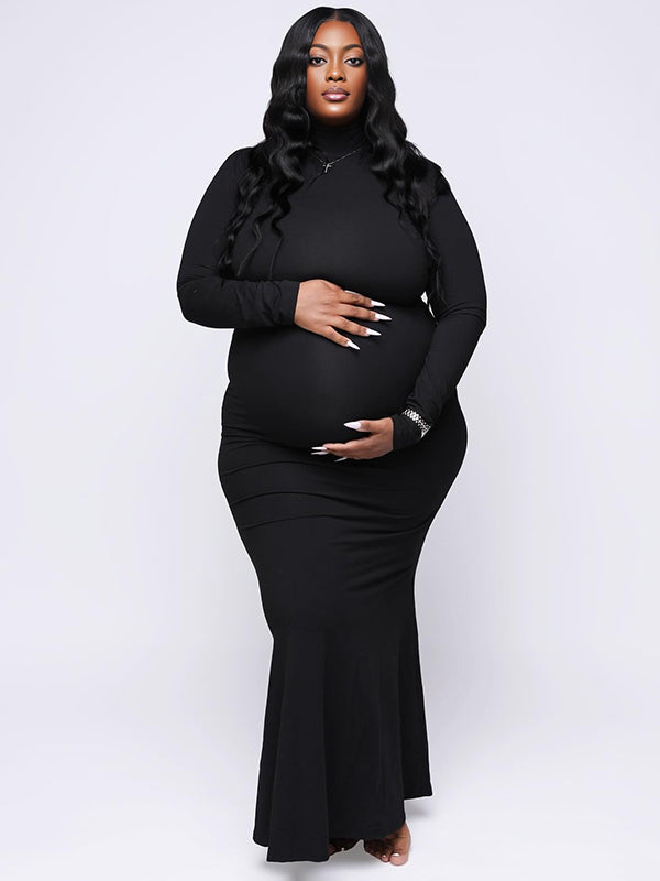Momnfancy Black Band Neck Long Sleeve Bodycon Basic Mermaid Photoshoot Maternity Maxi Dress