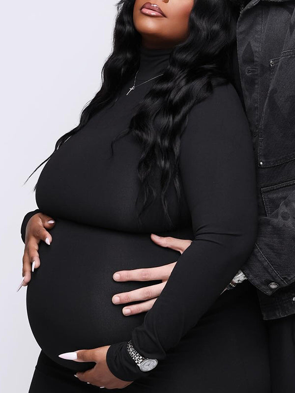 Momnfancy Black Band Neck Long Sleeve Bodycon Basic Mermaid Photoshoot Maternity Maxi Dress