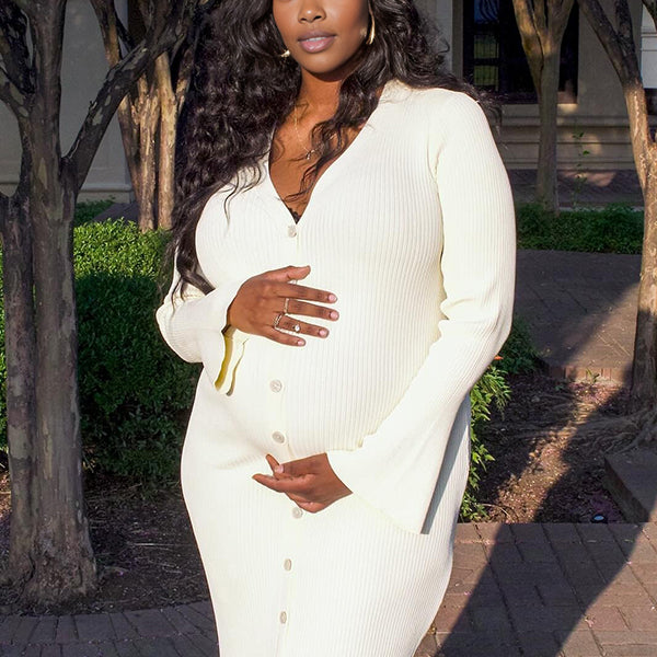Momnfancy Knitting Ruffle Single Breasted V-Neck Flare Long Sleeve Bodycon Maternity Sweater Maxi Dress