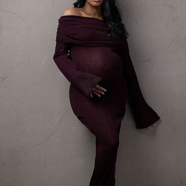 Momnfancy Knitting Off Shoulder Backless Ruched Bodycon Flare Long Sleeve Bodycon Maternity Sweater Maxi Dress