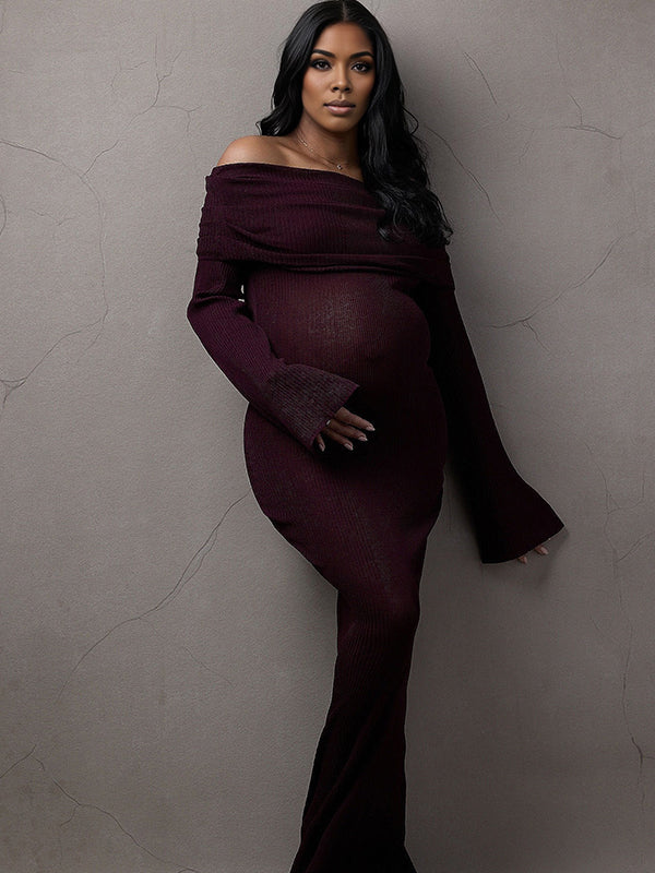 Momnfancy Knitting Off Shoulder Backless Ruched Bodycon Flare Long Sleeve Bodycon Maternity Sweater Maxi Dress
