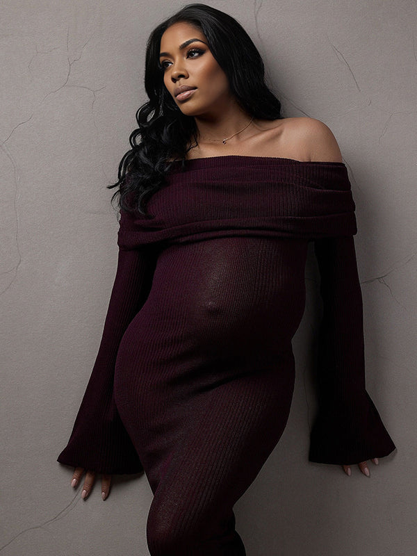 Momnfancy Knitting Off Shoulder Backless Ruched Bodycon Flare Long Sleeve Bodycon Maternity Sweater Maxi Dress